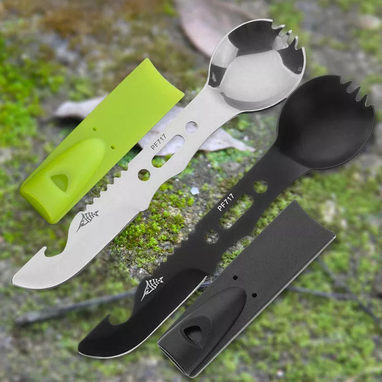 Stainless steel camping utensil set with spoon, fork, knife, and whistle for outdoor adventures
