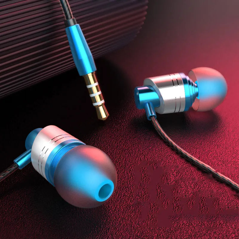 Black wired in-ear headphones with 3.5mm plug, TPE cable, and silicone ear tips for gaming and music