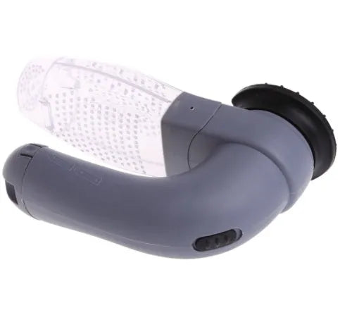 Grey portable pet hair vacuum cleaner with soft rubber head for grooming cats and dogs.
