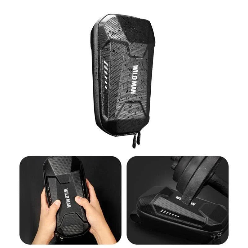 Weatherproof electric scooter front pouch in black with reflective trim, featuring compartments for storage and adjustable straps for a secure fit