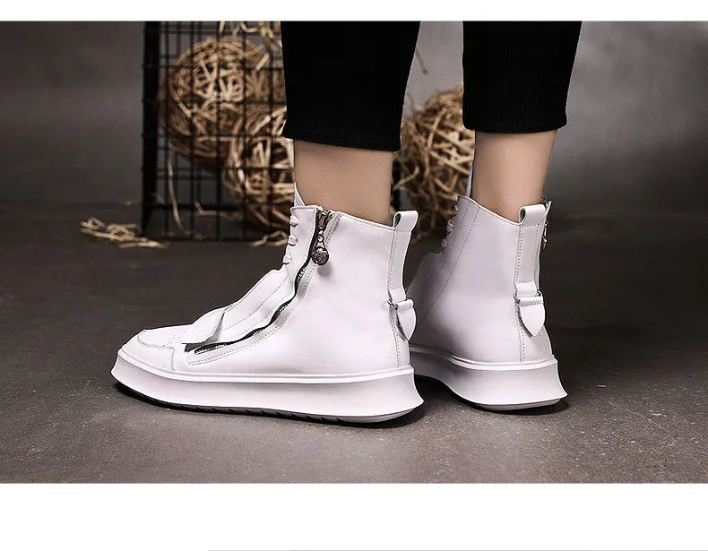 PU leather men's ankle boots in black and white, high-top sneaker style with microfiber upper, sizes 38-43