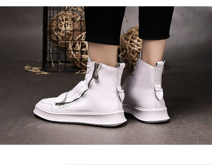 PU leather men's ankle boots in black and white, high-top sneaker style with microfiber upper, sizes 38-43