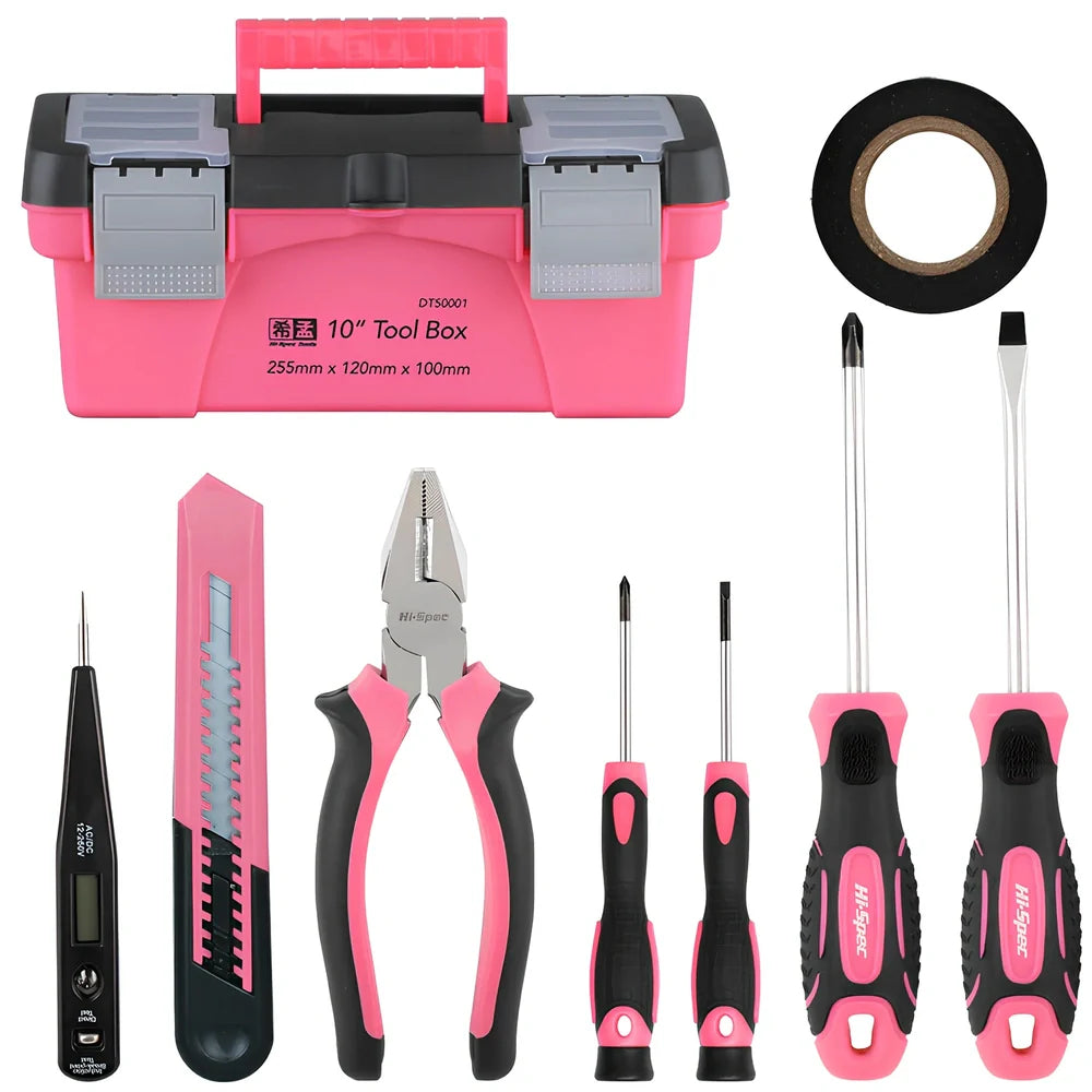 8-piece household tool kit with carbon steel tools in organised 10-inch toolbox including screwdrivers and test pencil