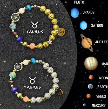 Two adjustable beaded bracelets with zodiac signs on natural stone beads, length 18-22cm