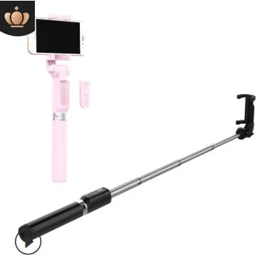 Black aluminium Bluetooth selfie stick with tripod legs extended, holding a smartphone.