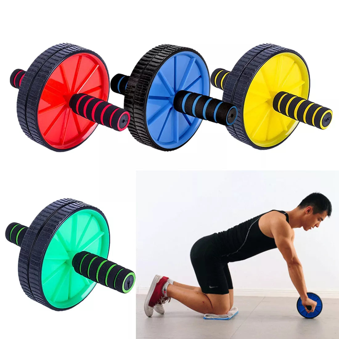 Double Wheel Abdominal Wheel in red, blue, green, and yellow for core strengthening exercises