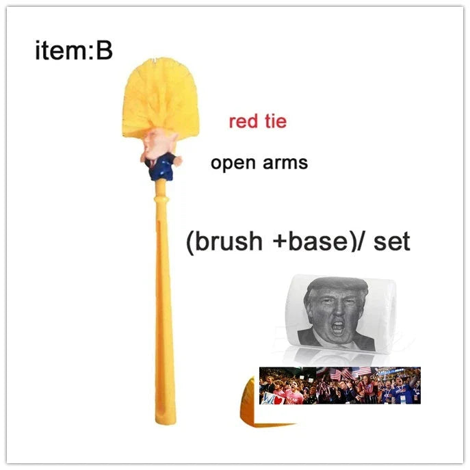 Comical Donald Trump-themed toilet brush made of durable plastic with a bold yellow color and convenient hanging slot