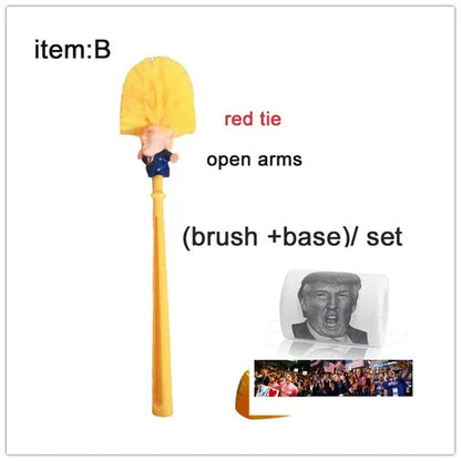 Comical Donald Trump-themed toilet brush made of durable plastic with a bold yellow color and convenient hanging slot