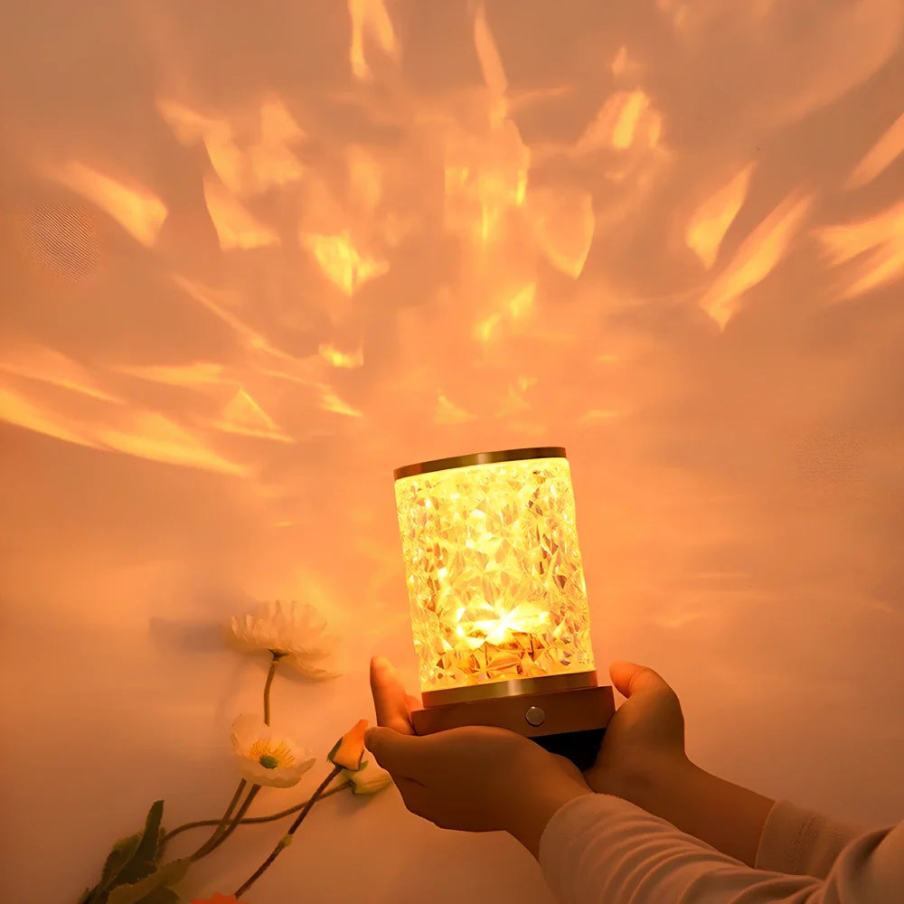 Gold crystal night light projecting water ripples with rotating mechanism and wooden base