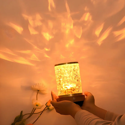 Gold crystal night light projecting water ripples with rotating mechanism and wooden base