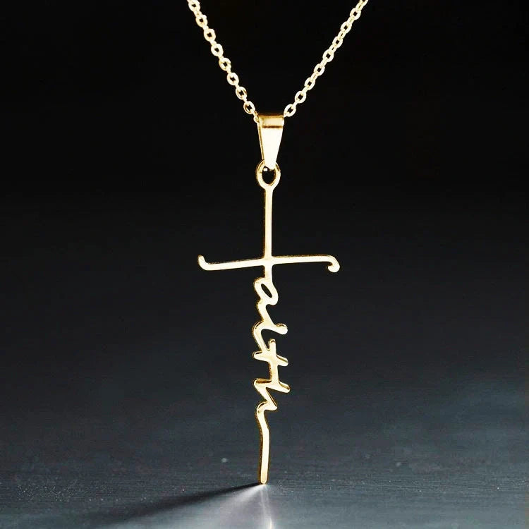 Stainless Steel Faith Necklace with adjustable chain in silver, gold, and rose gold finishes