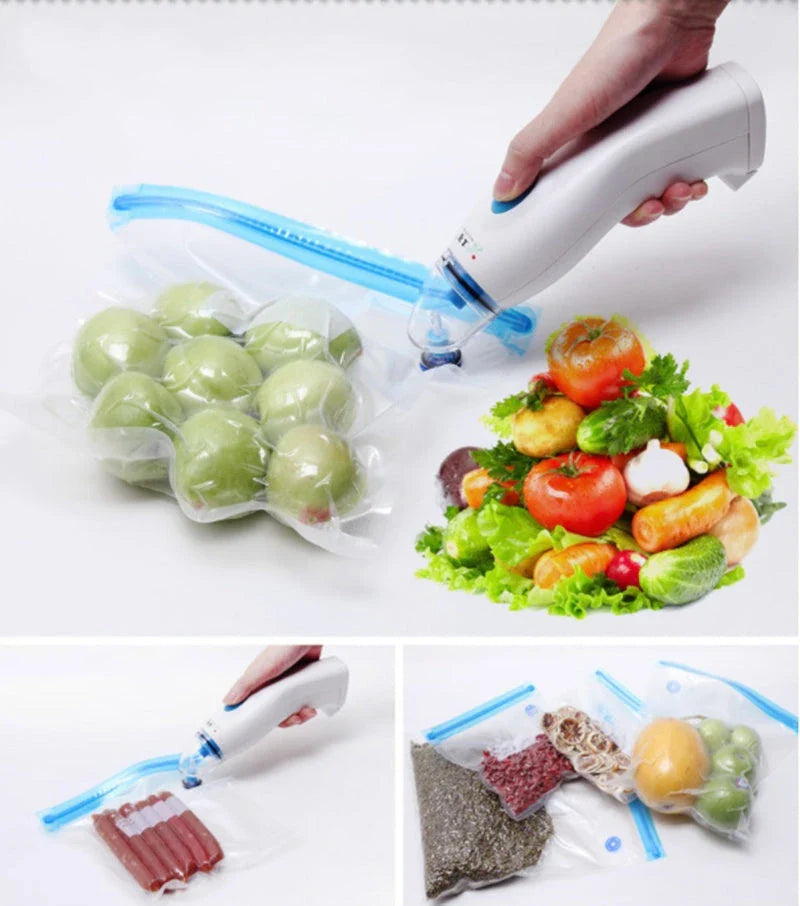 A compact, white vacuum sealing machine with various plug adapters for the UK, US, and EU markets.