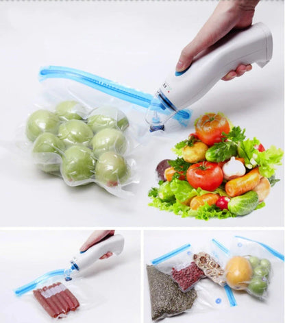 A compact, white vacuum sealing machine with various plug adapters for the UK, US, and EU markets.