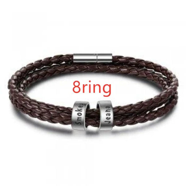 Personalized men's braided leather bracelet with stainless steel beads and custom name charm