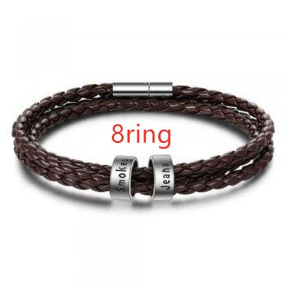Personalized men's braided leather bracelet with stainless steel beads and custom name charm