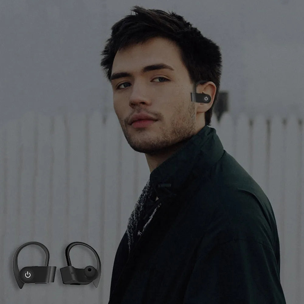 Black wireless Bluetooth earphones showing ergonomic design and LED indicator lights
