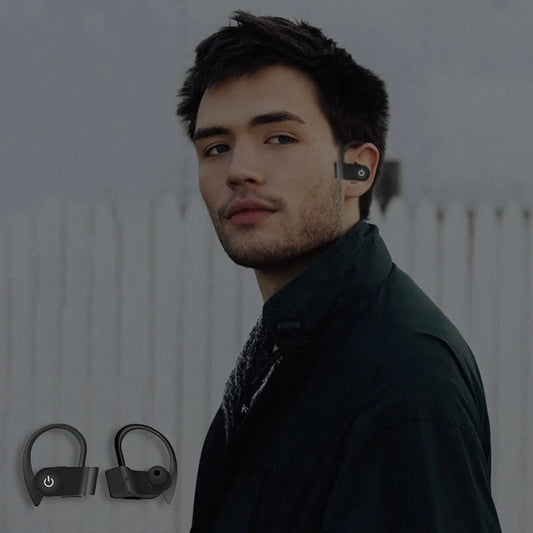 Black wireless Bluetooth earphones showing ergonomic design and LED indicator lights