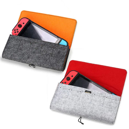 Black felt carrying pouch for Nintendo Switch with game card slots and double layer storage