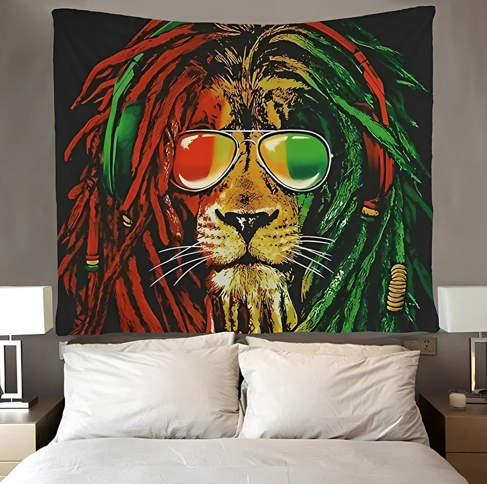 Lion tapestry wall art with European lion king design on polyester fabric in multiple sizes