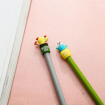 Potted cactus gel pen with silicone pot base, 0.5mm refill, approximately 18.5cm long, shown in Blue or Green.