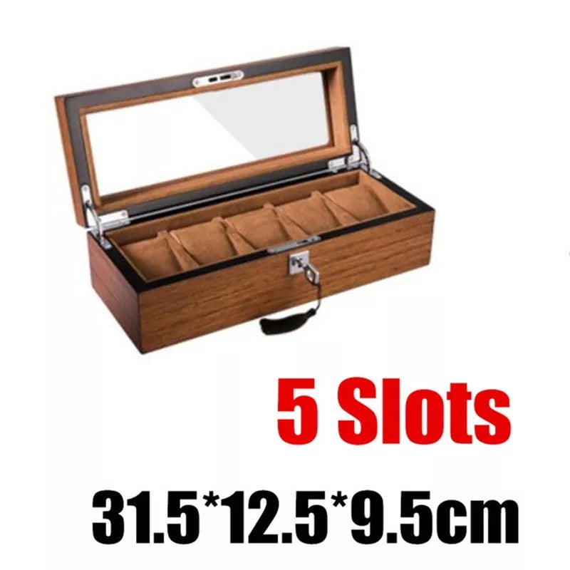 Matte wood grain lock watch storage box with 5 slots, brown color