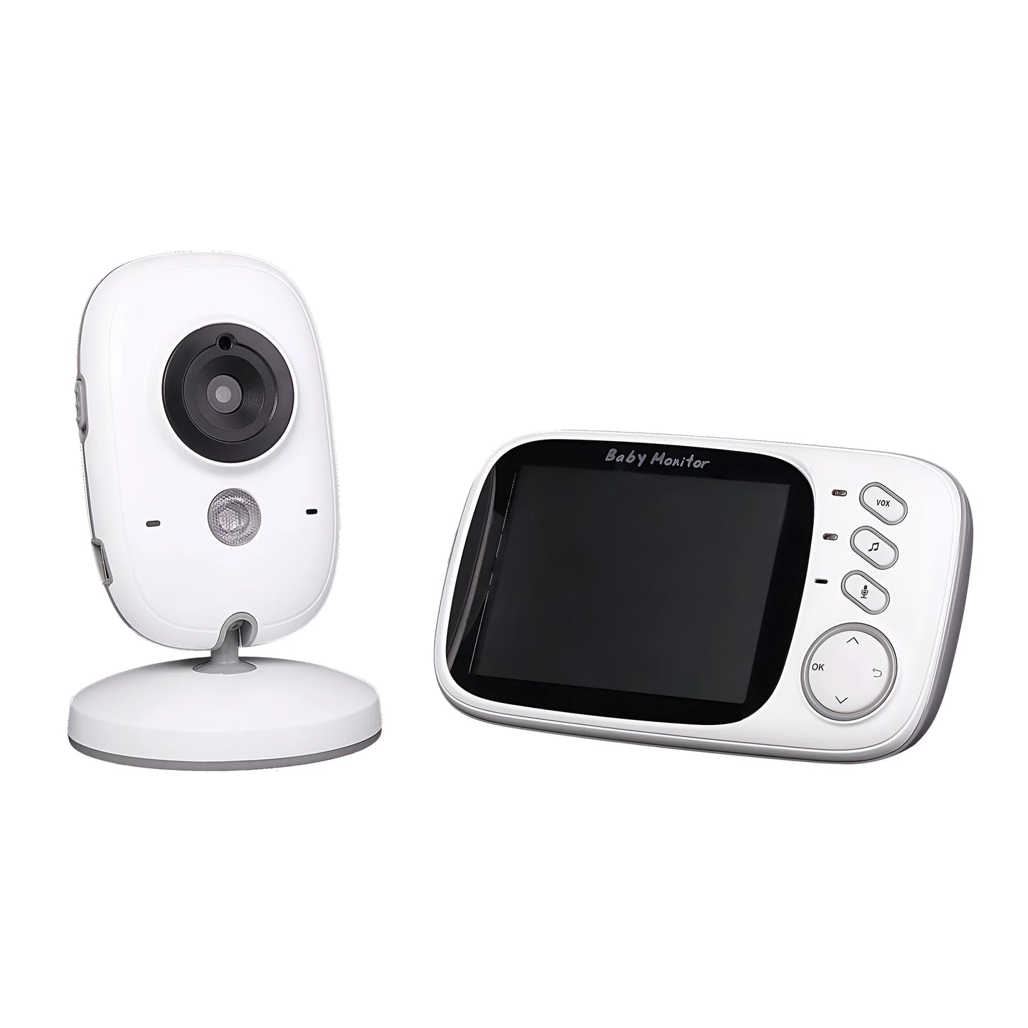 VB603 digital baby monitor with handheld LCD screen and camera unit showing night vision.