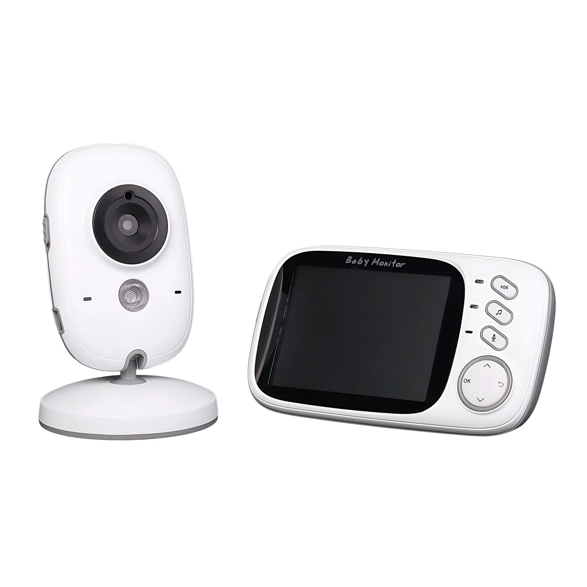 VB603 digital baby monitor with handheld LCD screen and camera unit showing night vision.