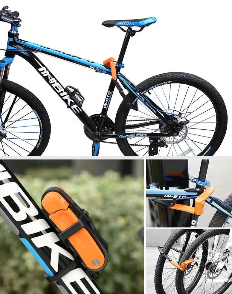 INBIKE mountain bike lock with orange ABS rubber coating showing 12-ton hydraulic resistance rating