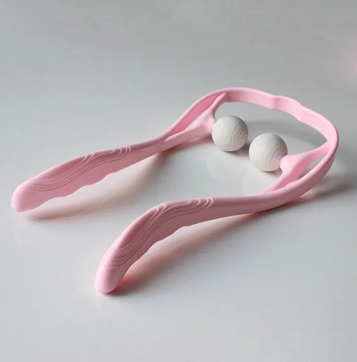 Plastic swan-shaped neck massager in pink, blue, or green with adjustable width and 3D floating-point rollers
