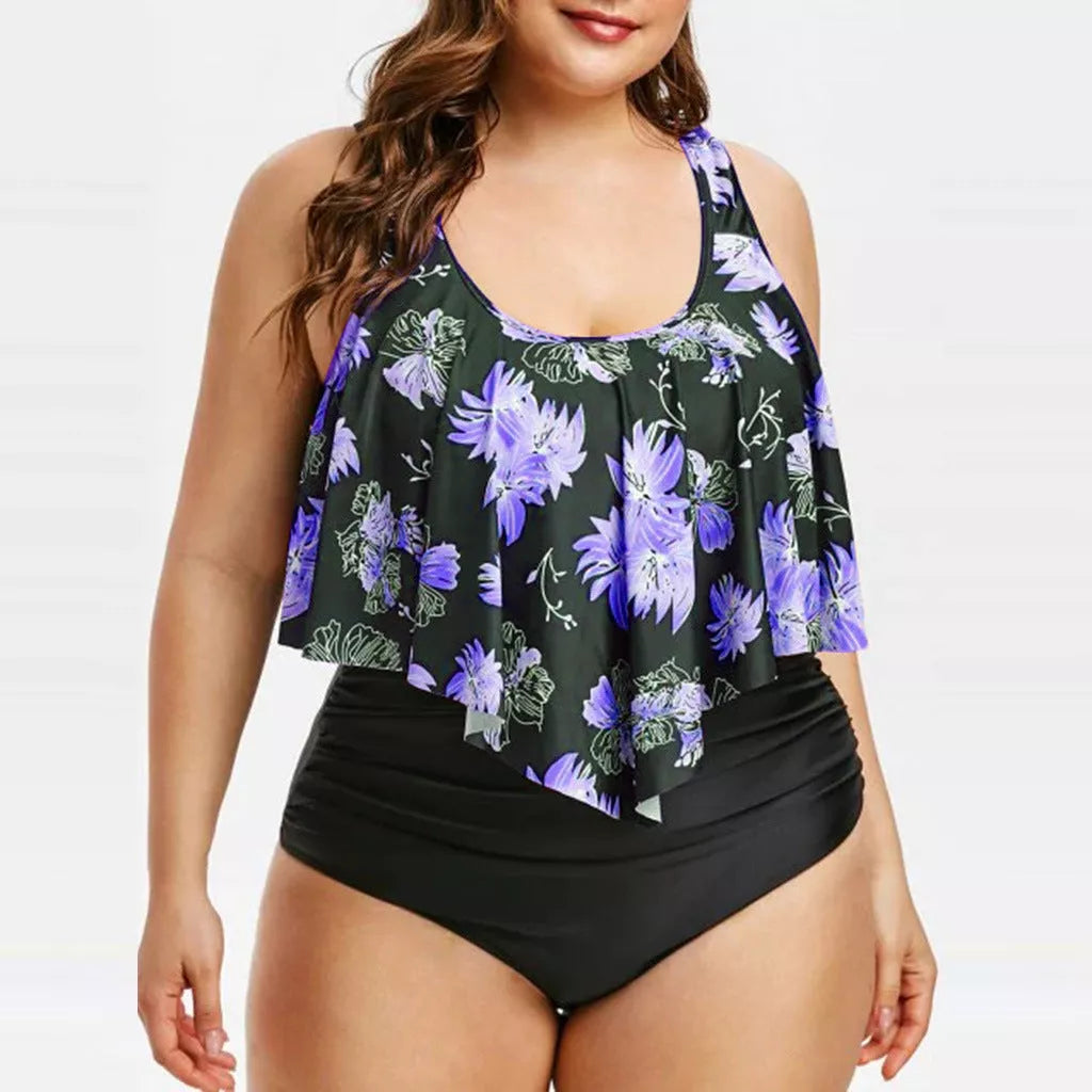High waist lotus print swimsuit in vibrant colors, sizes XL to 5XL