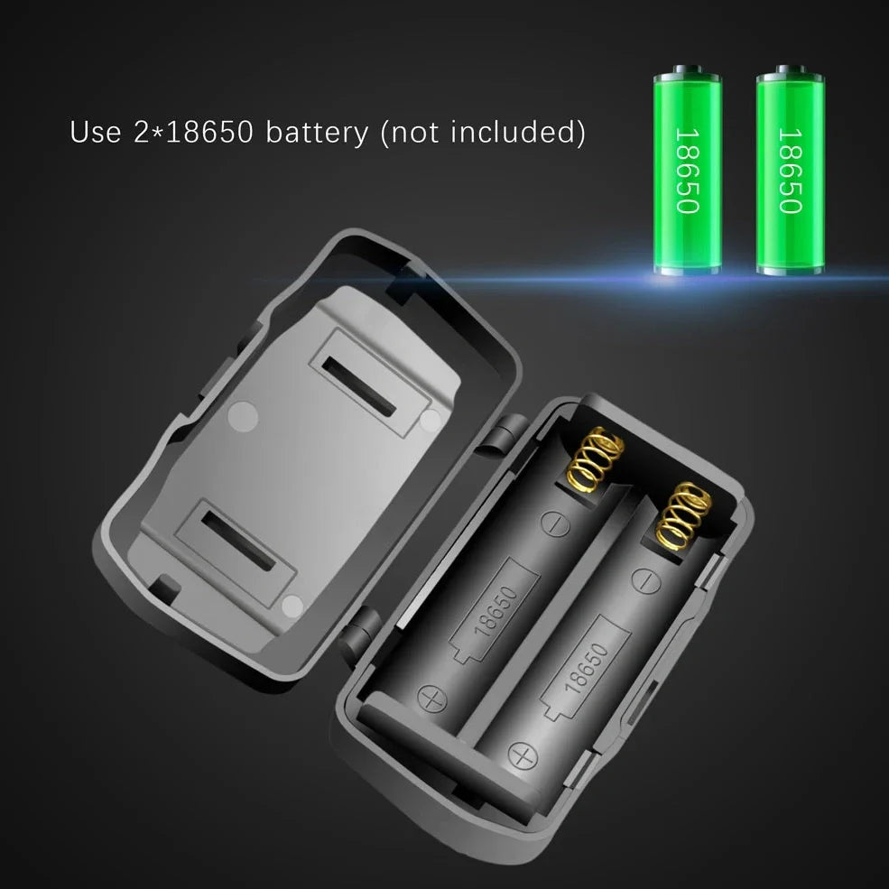 T6 LED headlamp with zoomable beam, showing white, green, and red light options, on a head strap