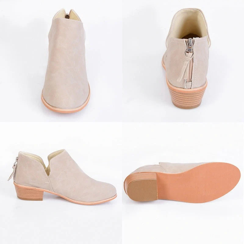 Stylish women's retro high heel ankle boots for autumn in pink, black, and beige