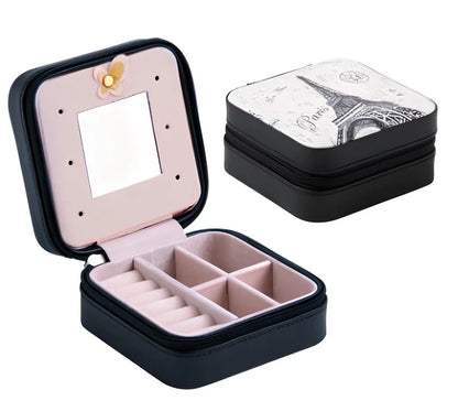 Portable jewellery box with flipping page display measuring 10×10×5.5cm in black colour
