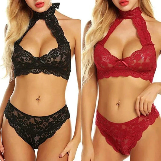 Women's three-point split hollow suit in black or red with coordinated design and polyester construction