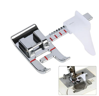 Regular sewing machine presser foot with red border guide for precise quilting seam measurements