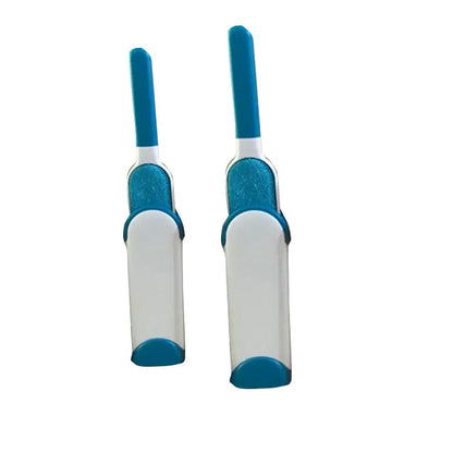 Blue reusable pet hair removal comb with sticky brush and self-cleaning base for sofas.