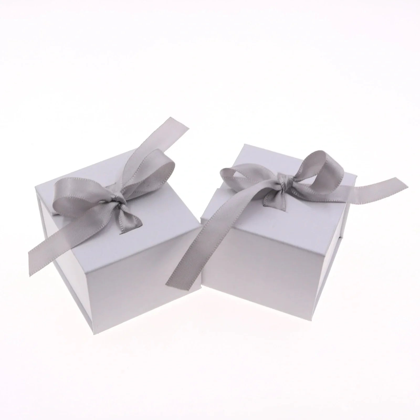 Square grey jewellery gift box with ribbon bow measuring 5x5cm for ring and earring storage