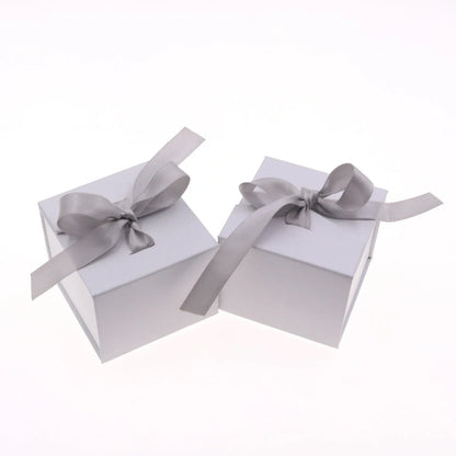 Square grey jewellery gift box with ribbon bow measuring 5x5cm for ring and earring storage