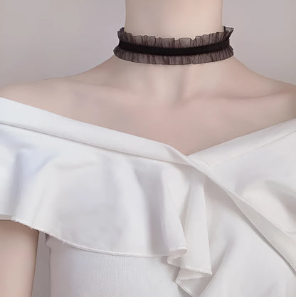 Velvet ruffled clavicle necklace with flower-shaped alloy pendant on snake bones chain in light coffee colour