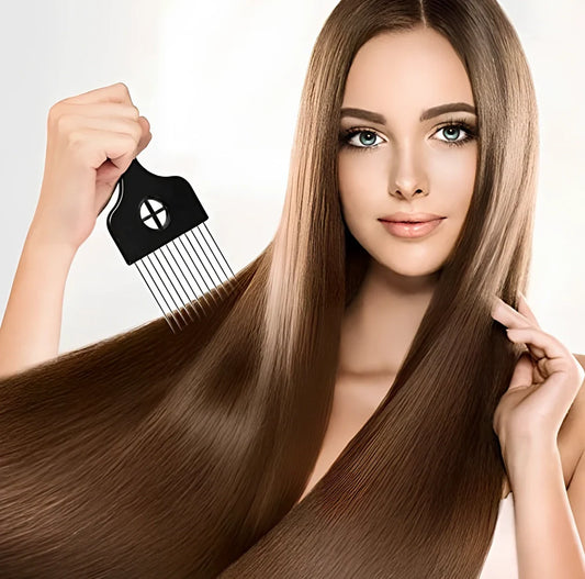 Metal styling comb with steel teeth and anti-slip handle for professional hair styling