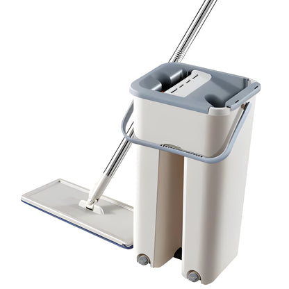 Blue wooden floor lazy mop with bucket, microfibre flat head, aluminium rod, and 360-degree rotation