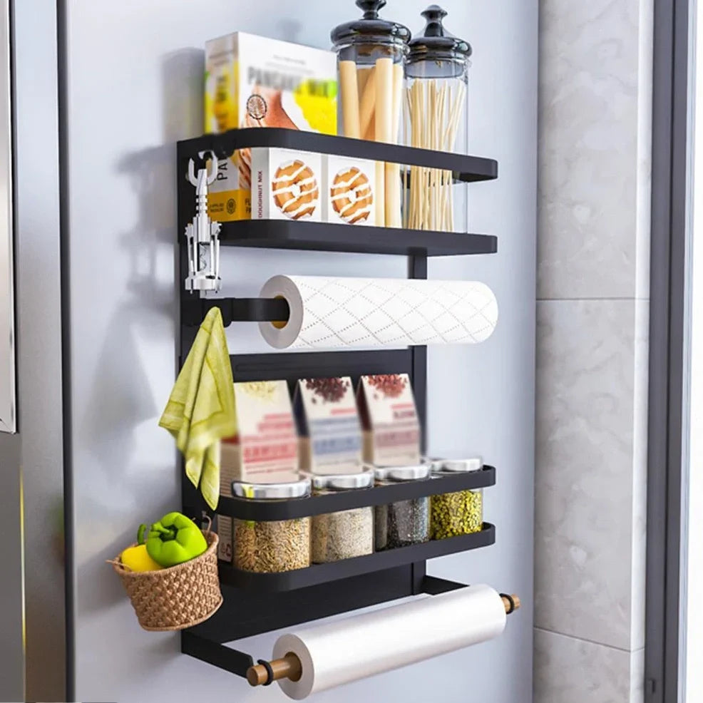 Black magnetic shelf mounted on refrigerator with spices and condiments organised neatly