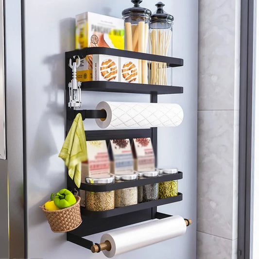 Black magnetic shelf mounted on refrigerator with spices and condiments organised neatly
