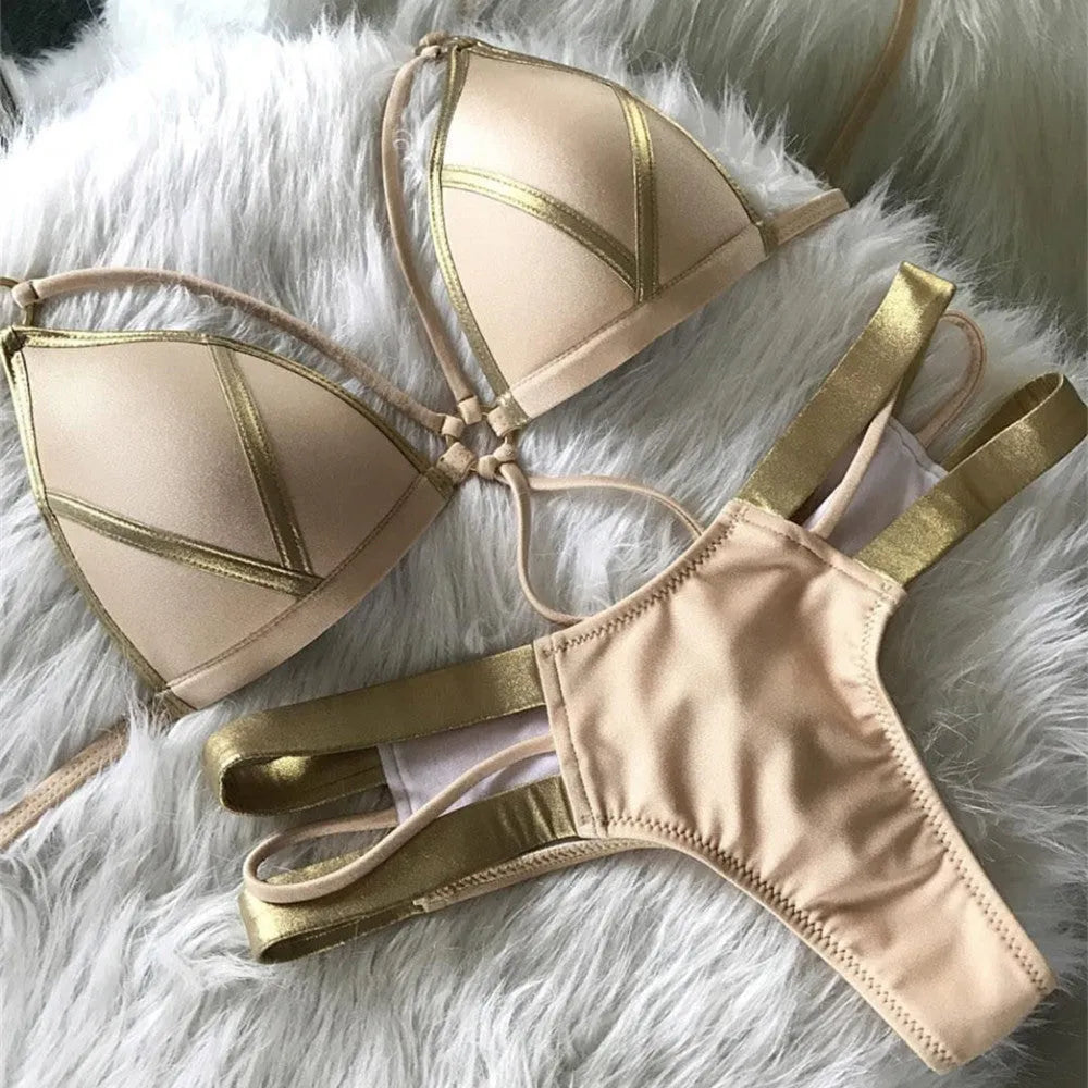 Women's bronzing bikini swimwear in nylon with cotton lining and chest pads