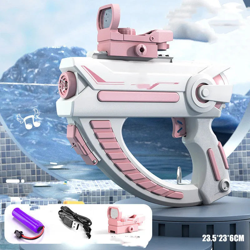 Blue automatic electric water gun with USB charging port and anti-skid grip handle.