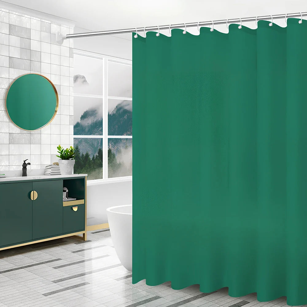 PEVA shower curtain with geometric pattern and stainless steel buttonholes in bathroom setting