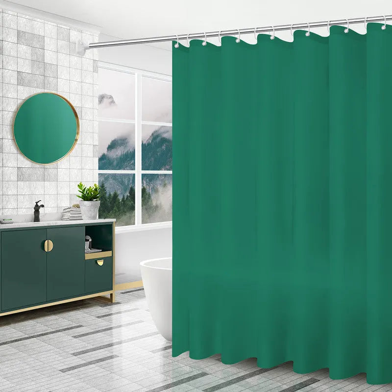 PEVA shower curtain with geometric abstract pattern and stainless steel buttonholes, available in multiple sizes and colours