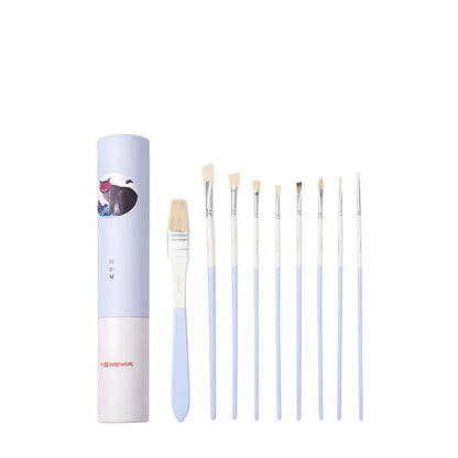 Acrylic gouache painting kit with fan-shaped brushes, a wide bristle brush, and nylon paint tube.
