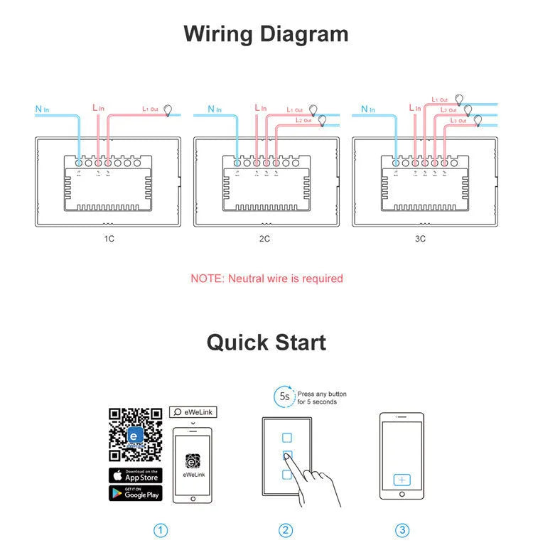 Smart wall switch with tempered glass panel, touch control, 220-250V 10A, 120mm mounting hole distance