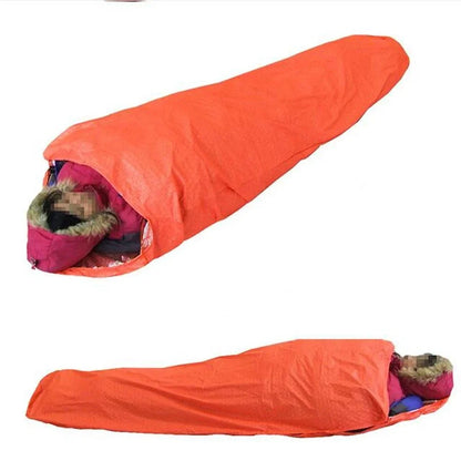Orange outdoor sleeping bag with silver-coated nylon fabric for heat reflection during camping